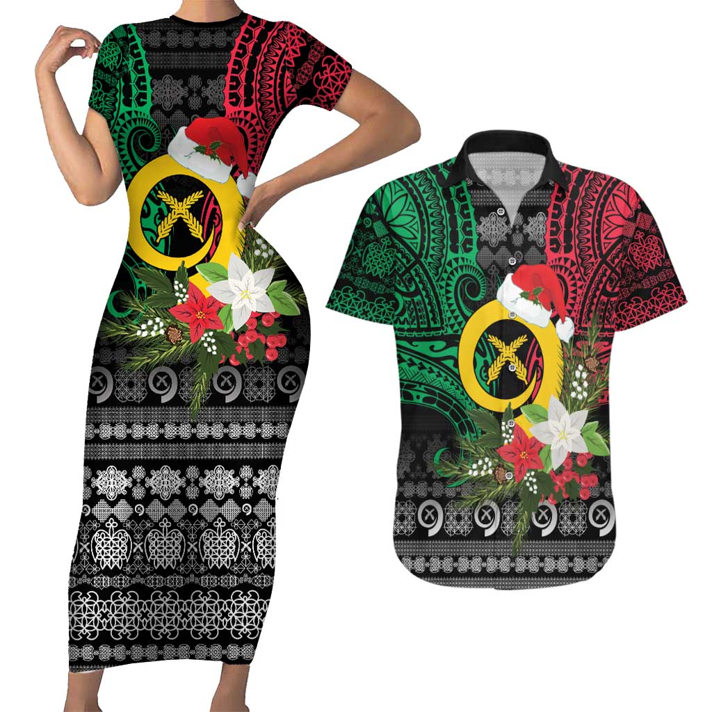 Vanuatu Pig's Tusk Meri Krismas! Couples Matching Short Sleeve Bodycon Dress and Hawaiian Shirt Vanuatuan Ancient Art Spirit LT9 Black - Polynesian Pride