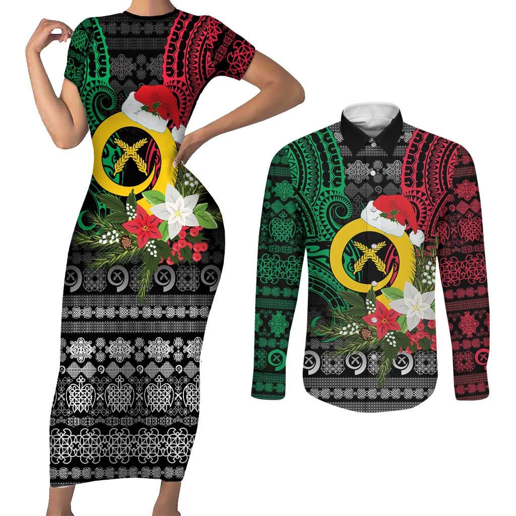 Vanuatu Pig's Tusk Meri Krismas! Couples Matching Short Sleeve Bodycon Dress and Long Sleeve Button Shirt Vanuatuan Ancient Art Spirit LT9 Black - Polynesian Pride