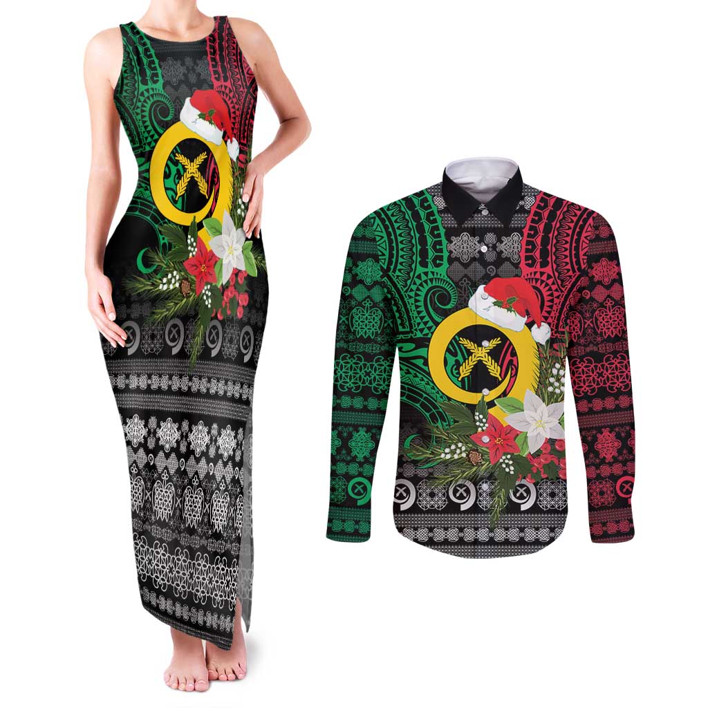 Vanuatu Pig's Tusk Meri Krismas! Couples Matching Tank Maxi Dress and Long Sleeve Button Shirt Vanuatuan Ancient Art Spirit LT9 Black - Polynesian Pride