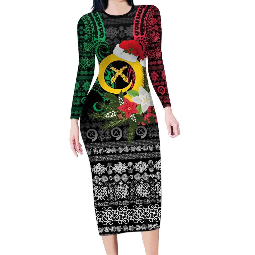 Vanuatu Pig's Tusk Meri Krismas! Family Matching Long Sleeve Bodycon Dress and Hawaiian Shirt Vanuatuan Ancient Art Spirit LT9 Mom's Dress Black - Polynesian Pride