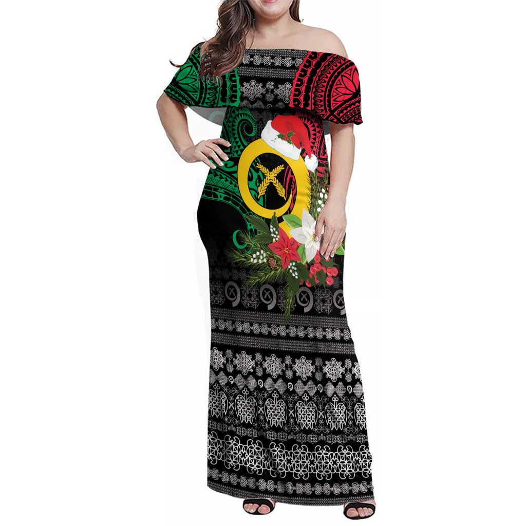 Vanuatu Pig's Tusk Meri Krismas! Family Matching Off Shoulder Maxi Dress and Hawaiian Shirt Vanuatuan Ancient Art Spirit LT9 Mom's Dress Black - Polynesian Pride