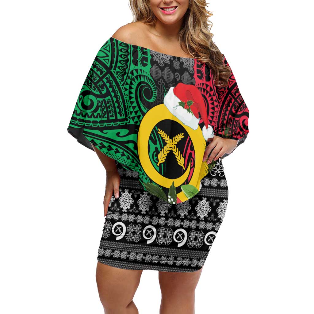 Vanuatu Pig's Tusk Meri Krismas! Family Matching Off Shoulder Short Dress and Hawaiian Shirt Vanuatuan Ancient Art Spirit LT9 Mom's Dress Black - Polynesian Pride