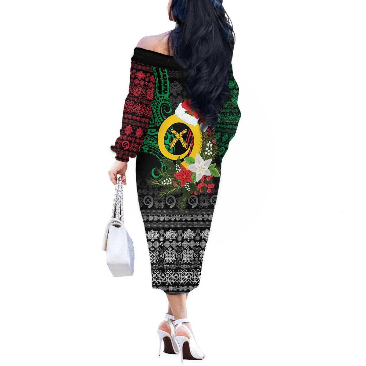 Vanuatu Pig's Tusk Meri Krismas! Off The Shoulder Long Sleeve Dress Vanuatuan Ancient Art Spirit LT9 - Polynesian Pride