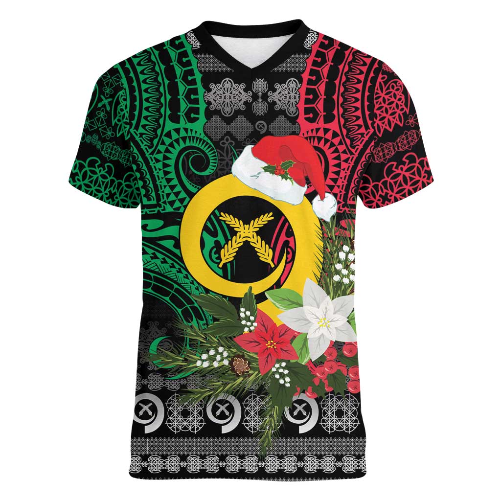 Vanuatu Pig's Tusk Meri Krismas! Women V-Neck T-Shirt Vanuatuan Ancient Art Spirit LT9 Female Black - Polynesian Pride