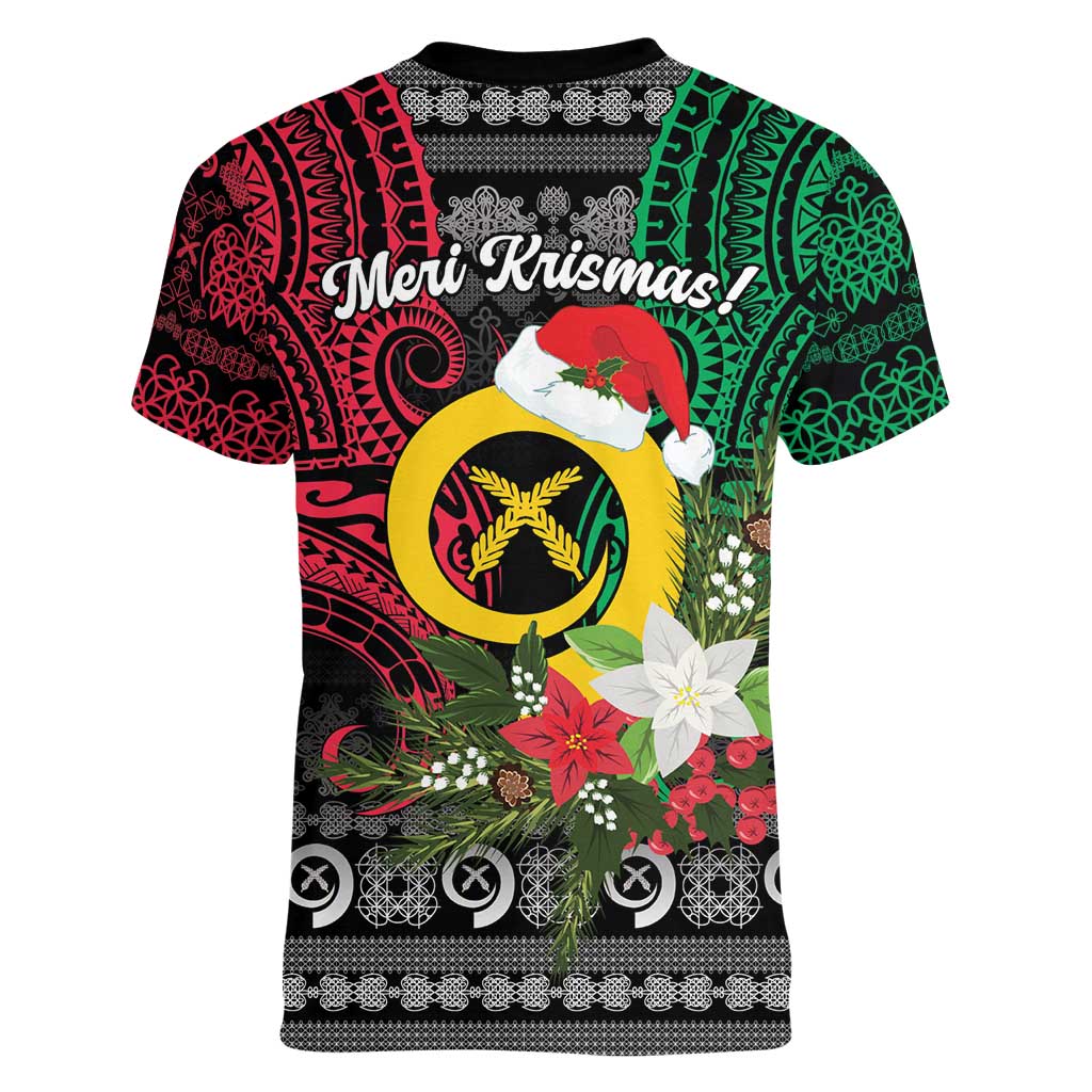 Vanuatu Pig's Tusk Meri Krismas! Women V-Neck T-Shirt Vanuatuan Ancient Art Spirit LT9 - Polynesian Pride