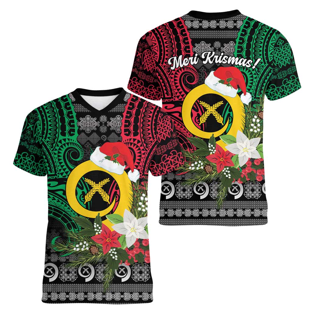 Vanuatu Pig's Tusk Meri Krismas! Women V-Neck T-Shirt Vanuatuan Ancient Art Spirit LT9 - Polynesian Pride