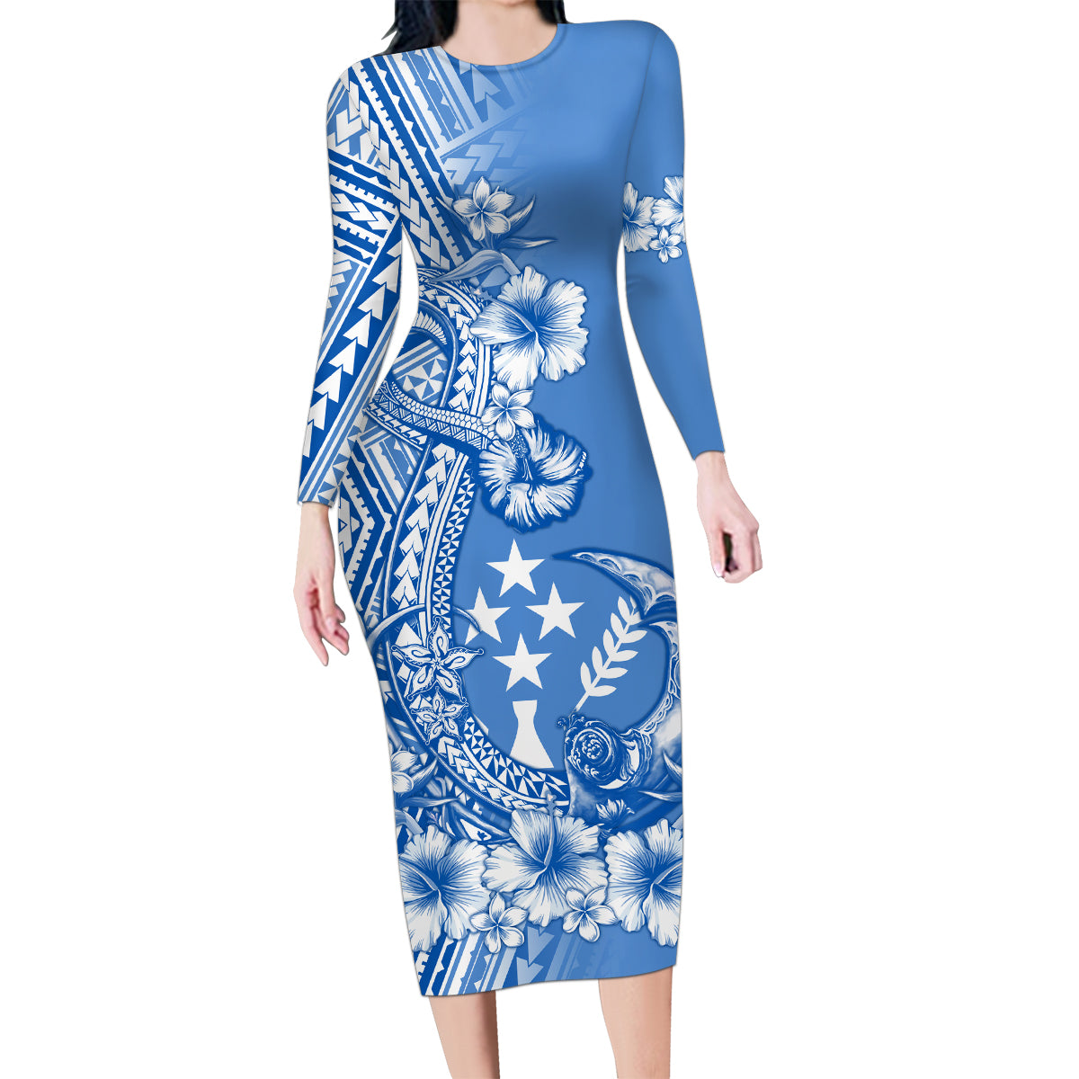 Kosrae Constitution Day Personalised Family Matching Long Sleeve Bodycon Dress and Hawaiian Shirt Kusaie Hook Tattoo Special Polynesian Pattern LT9 Mom's Dress Blue - Polynesian Pride