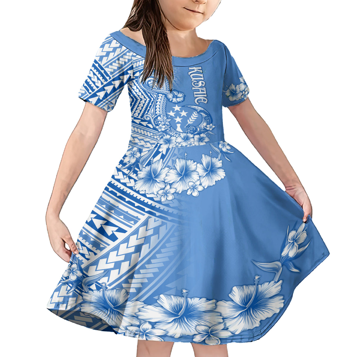 Kosrae Constitution Day Personalised Family Matching Short Sleeve Bodycon Dress and Hawaiian Shirt Kusaie Hook Tattoo Special Polynesian Pattern LT9 Daughter's Dress Blue - Polynesian Pride