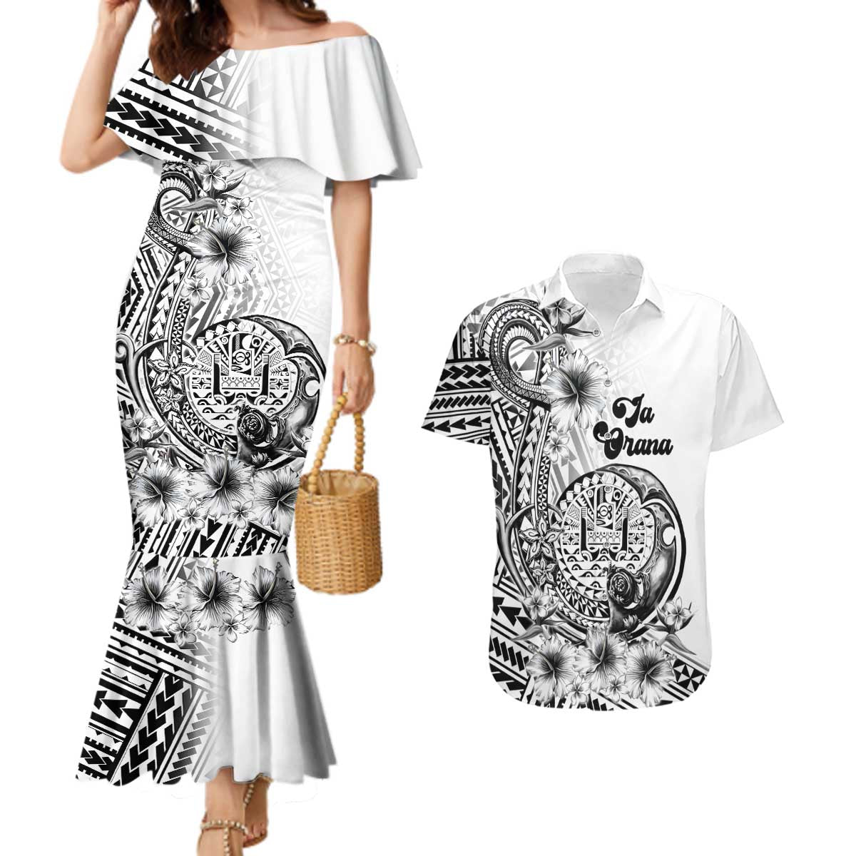 Ia Orana Tahiti Personalised Couples Matching Mermaid Dress and Hawaiian Shirt French Polynesia Hook Tattoo Special White Color LT9