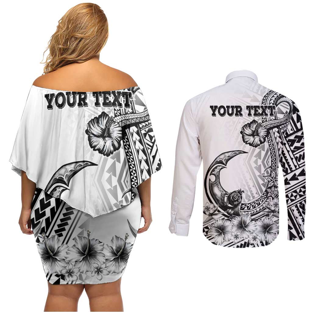 Ia Orana Tahiti Personalised Couples Matching Off Shoulder Short Dress and Long Sleeve Button Shirt French Polynesia Hook Tattoo Special White Color LT9