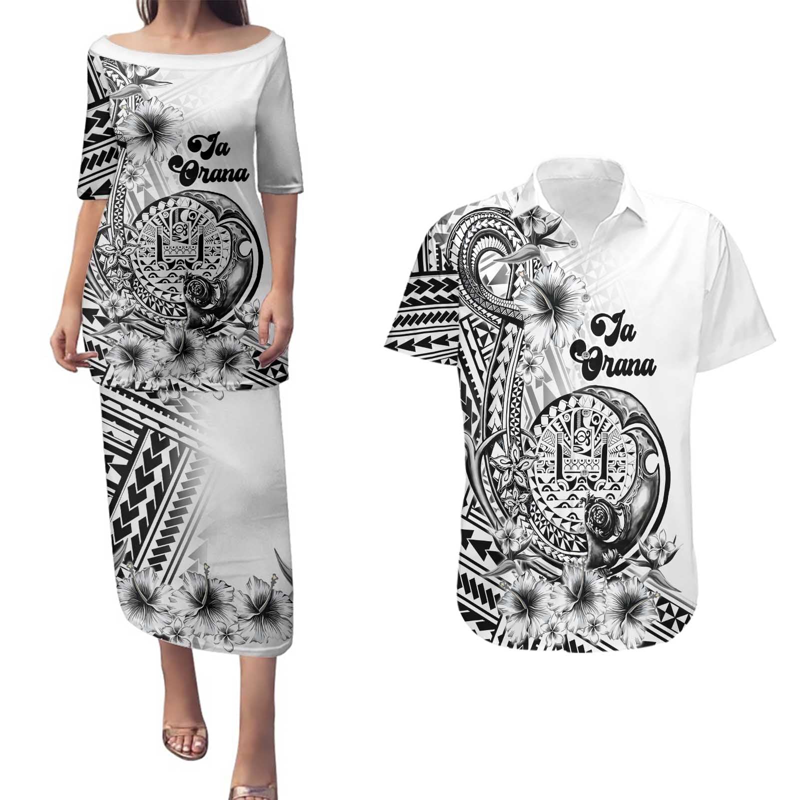 Ia Orana Tahiti Personalised Couples Matching Puletasi Dress and Hawaiian Shirt French Polynesia Hook Tattoo Special White Color LT9