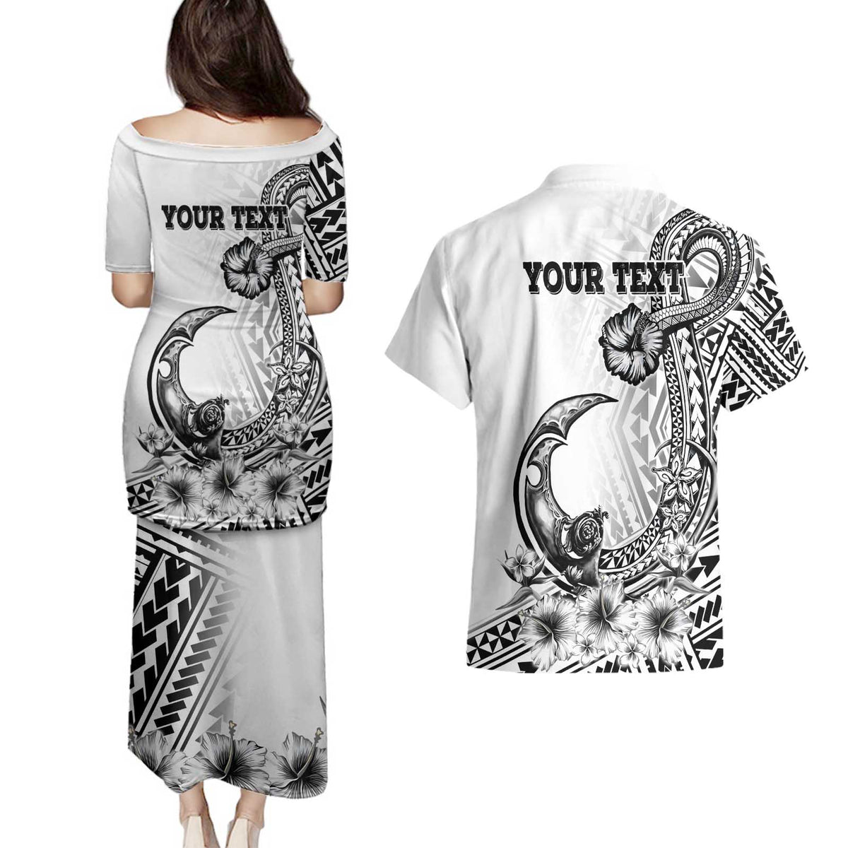 Ia Orana Tahiti Personalised Couples Matching Puletasi Dress and Hawaiian Shirt French Polynesia Hook Tattoo Special White Color LT9