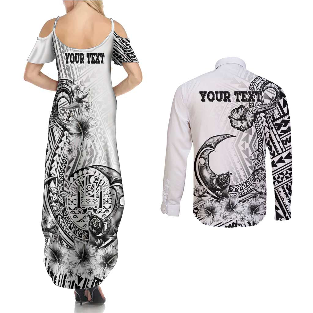 Ia Orana Tahiti Personalised Couples Matching Summer Maxi Dress and Long Sleeve Button Shirt French Polynesia Hook Tattoo Special White Color LT9