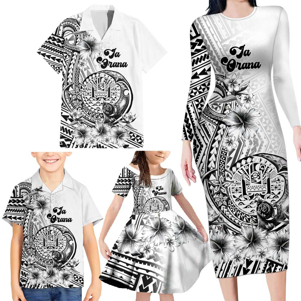 Ia Orana Tahiti Personalised Family Matching Long Sleeve Bodycon Dress and Hawaiian Shirt French Polynesia Hook Tattoo Special White Color LT9 - Polynesian Pride