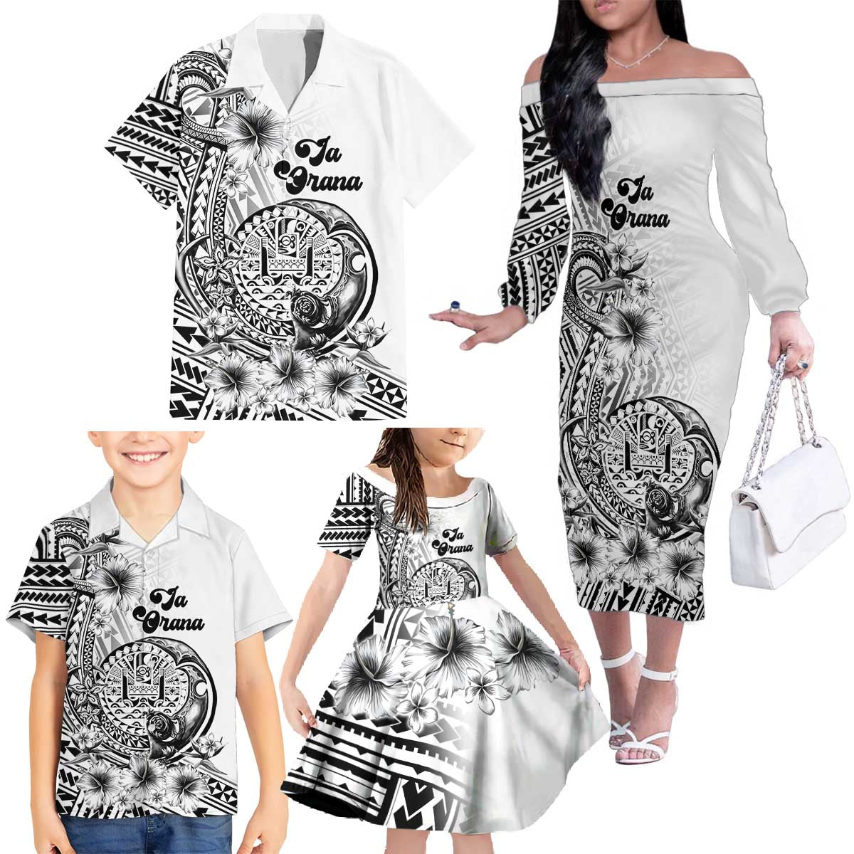 Ia Orana Tahiti Personalised Family Matching Off Shoulder Long Sleeve Dress and Hawaiian Shirt French Polynesia Hook Tattoo Special White Color LT9 - Polynesian Pride