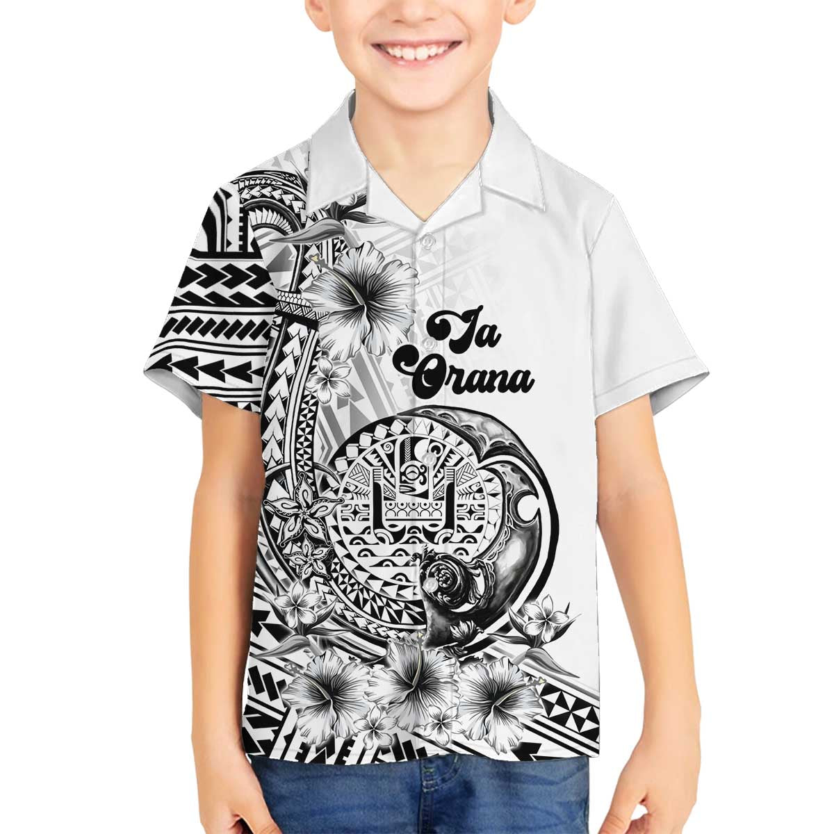 Ia Orana Tahiti Personalised Family Matching Off Shoulder Long Sleeve Dress and Hawaiian Shirt French Polynesia Hook Tattoo Special White Color LT9 Son's Shirt White - Polynesian Pride