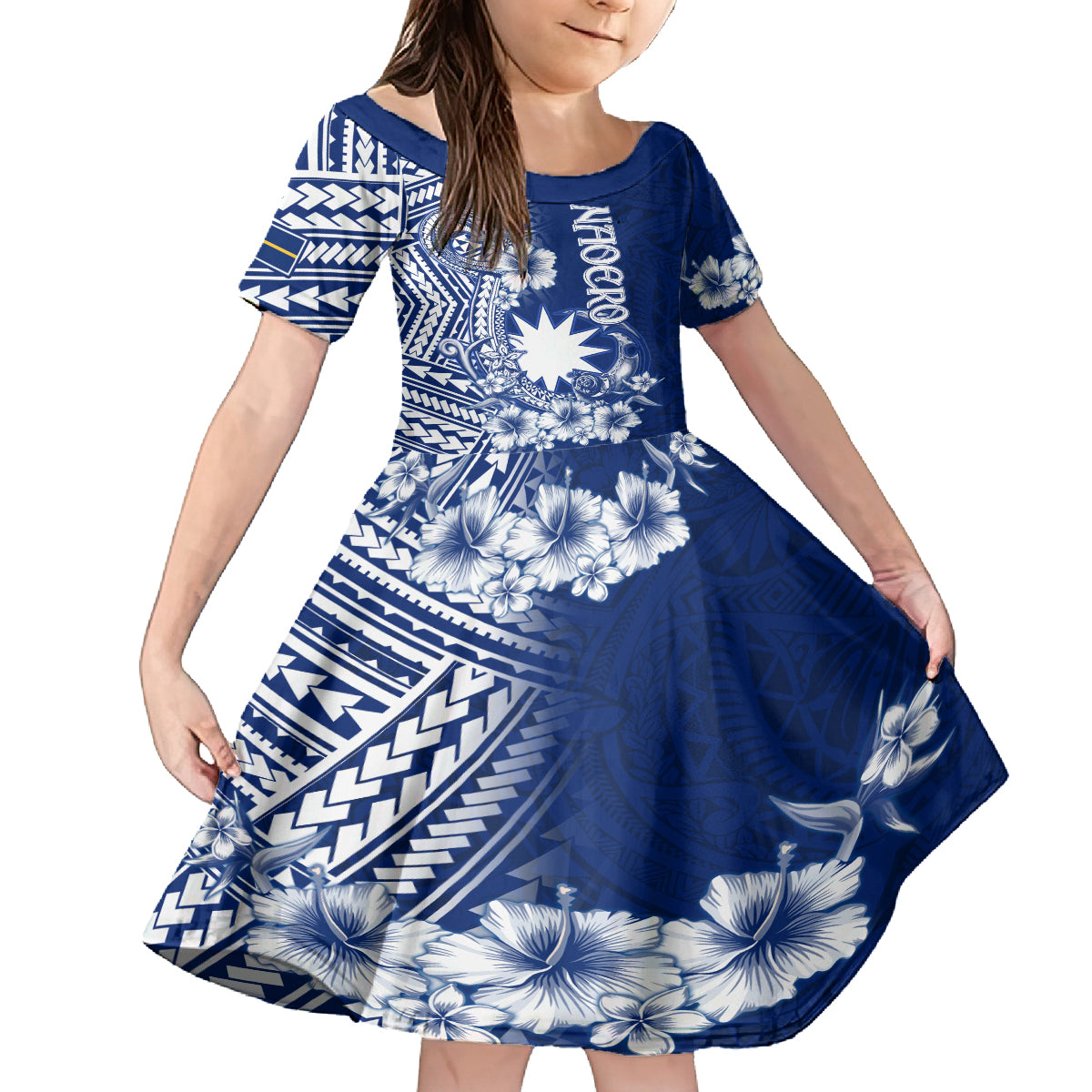 Nauru Independence Personalised Family Matching Off Shoulder Short Dress and Hawaiian Shirt Naoero Hook Tattoo Special Polynesian Pattern LT9 Daughter's Dress Blue - Polynesian Pride