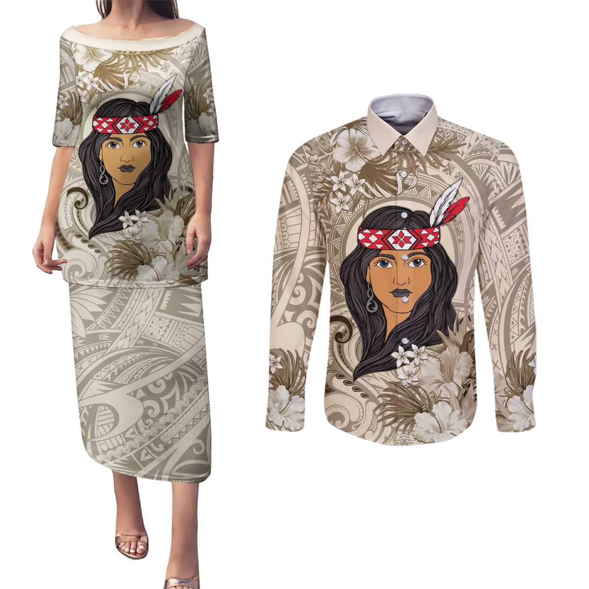 Personalized New Zealand Women's Day Couples Matching Puletasi and Long Sleeve Button Shirt Maori Girl Feathers of Hope - Beige LT9 Beige - Polynesian Pride