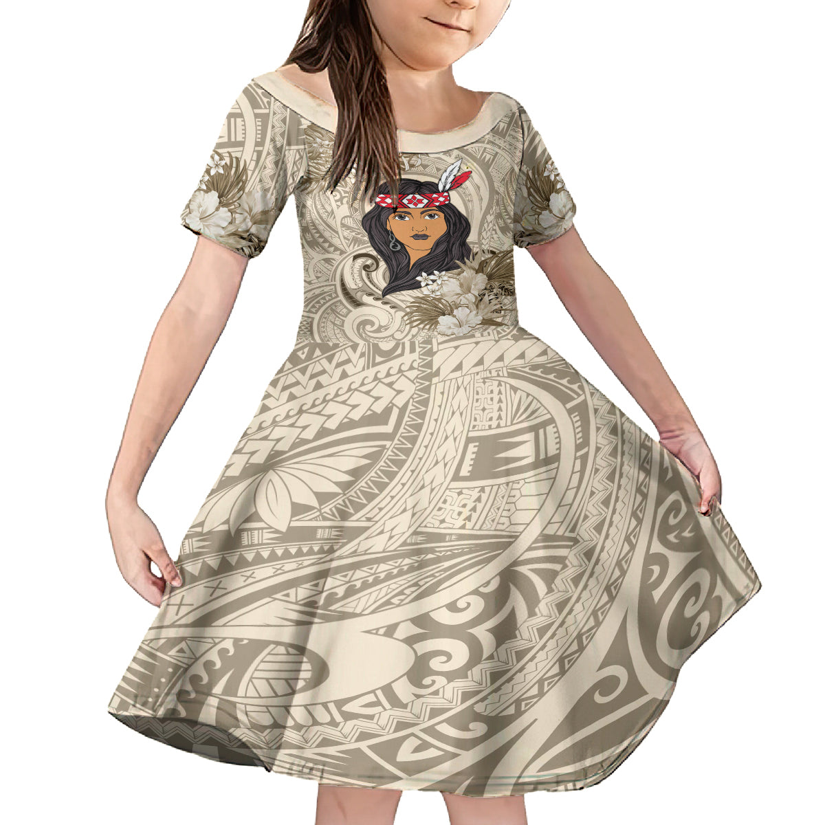Personalized New Zealand Women's Day Family Matching Off Shoulder Long Sleeve Dress and Hawaiian Shirt Maori Girl Feathers of Hope - Beige LT9 Daughter's Dress Beige - Polynesian Pride