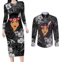 New Zealand Custom Women's Day Couples Matching Long Sleeve Bodycon Dress and Long Sleeve Button Shirt Maori Girl Feathers of Hope - Black LT9 Black - Polynesian Pride