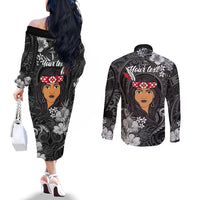 New Zealand Custom Women's Day Couples Matching Off The Shoulder Long Sleeve Dress and Long Sleeve Button Shirt Maori Girl Feathers of Hope - Black LT9 - Polynesian Pride