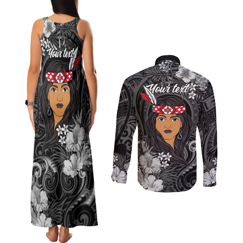 New Zealand Custom Women's Day Couples Matching Tank Maxi Dress and Long Sleeve Button Shirt Maori Girl Feathers of Hope - Black LT9 - Polynesian Pride