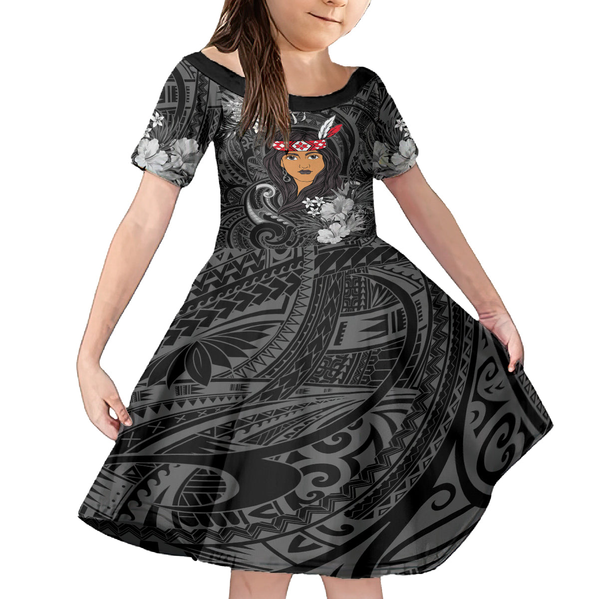 New Zealand Custom Women's Day Family Matching Off Shoulder Long Sleeve Dress and Hawaiian Shirt Maori Girl Feathers of Hope - Black LT9 Daughter's Dress Black - Polynesian Pride
