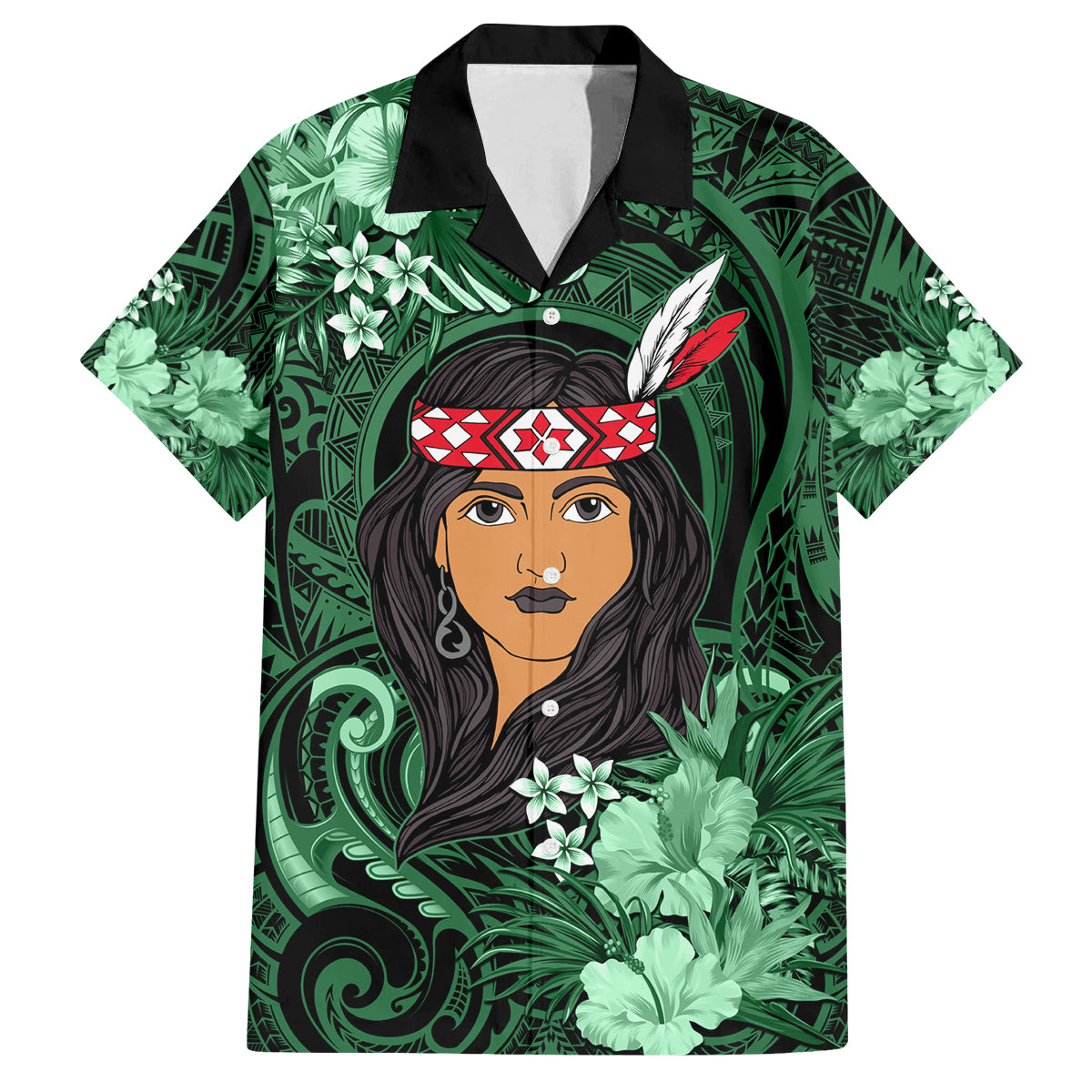 New Zealand Custom Women's Day Family Matching Off Shoulder Short Dress and Hawaiian Shirt Maori Girl Feathers of Hope - Green LT9 Dad's Shirt - Short Sleeve Green - Polynesian Pride
