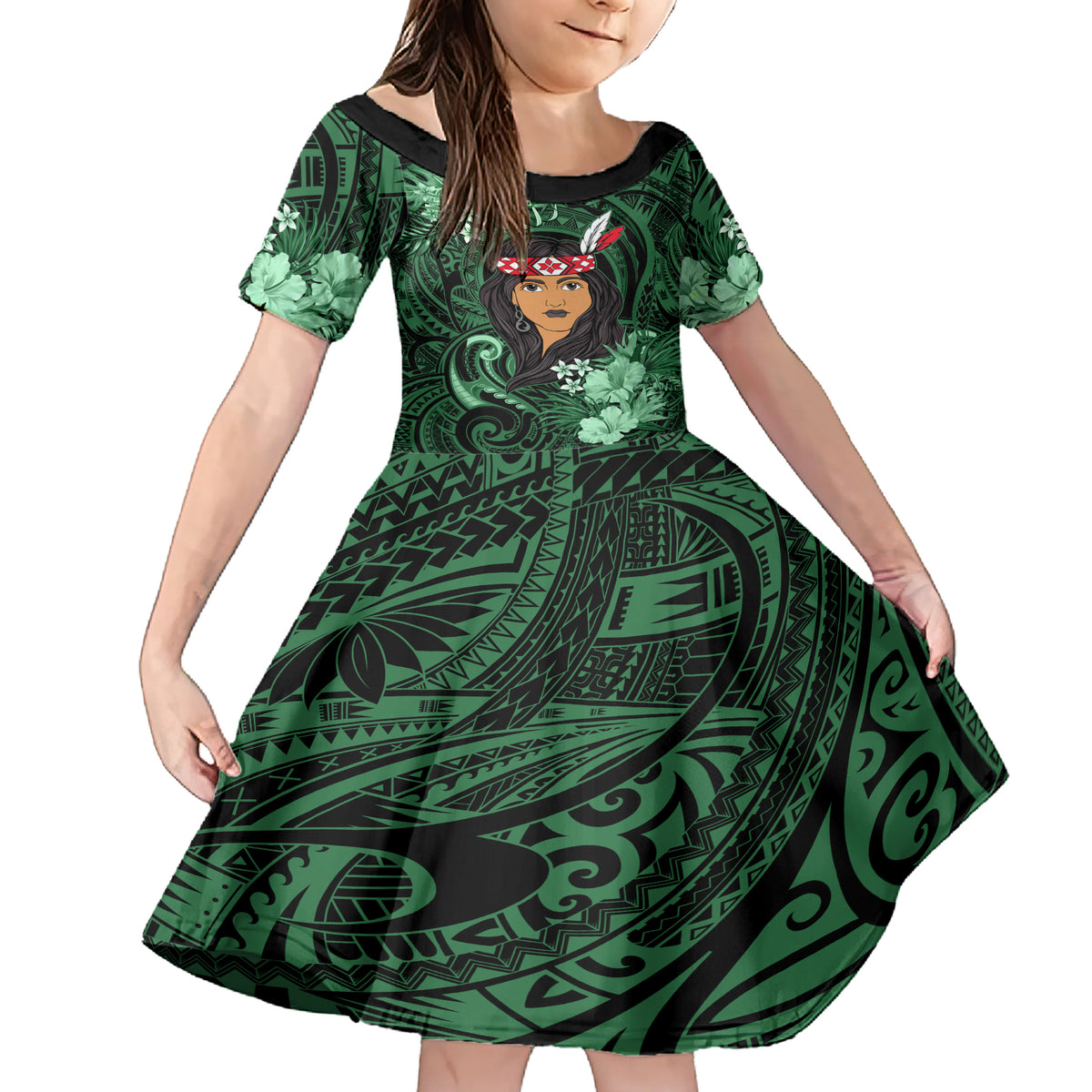 New Zealand Custom Women's Day Family Matching Short Sleeve Bodycon Dress and Hawaiian Shirt Maori Girl Feathers of Hope - Green LT9 Daughter's Dress Green - Polynesian Pride