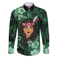 New Zealand Custom Women's Day Family Matching Short Sleeve Bodycon Dress and Hawaiian Shirt Maori Girl Feathers of Hope - Green LT9 Dad's Shirt - Long Sleeve Green - Polynesian Pride
