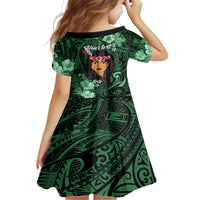 New Zealand Custom Women's Day Kid Short Sleeve Dress Maori Girl Feathers of Hope - Green LT9 - Polynesian Pride