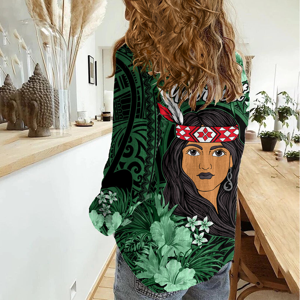 New Zealand Custom Women's Day Women Casual Shirt Maori Girl Feathers of Hope - Green LT9 - Polynesian Pride