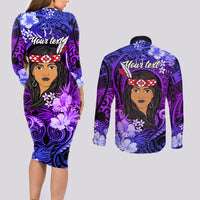 New Zealand Custom Women's Day Couples Matching Long Sleeve Bodycon Dress and Long Sleeve Button Shirt Maori Girl Feathers of Hope - Purple LT9 - Polynesian Pride