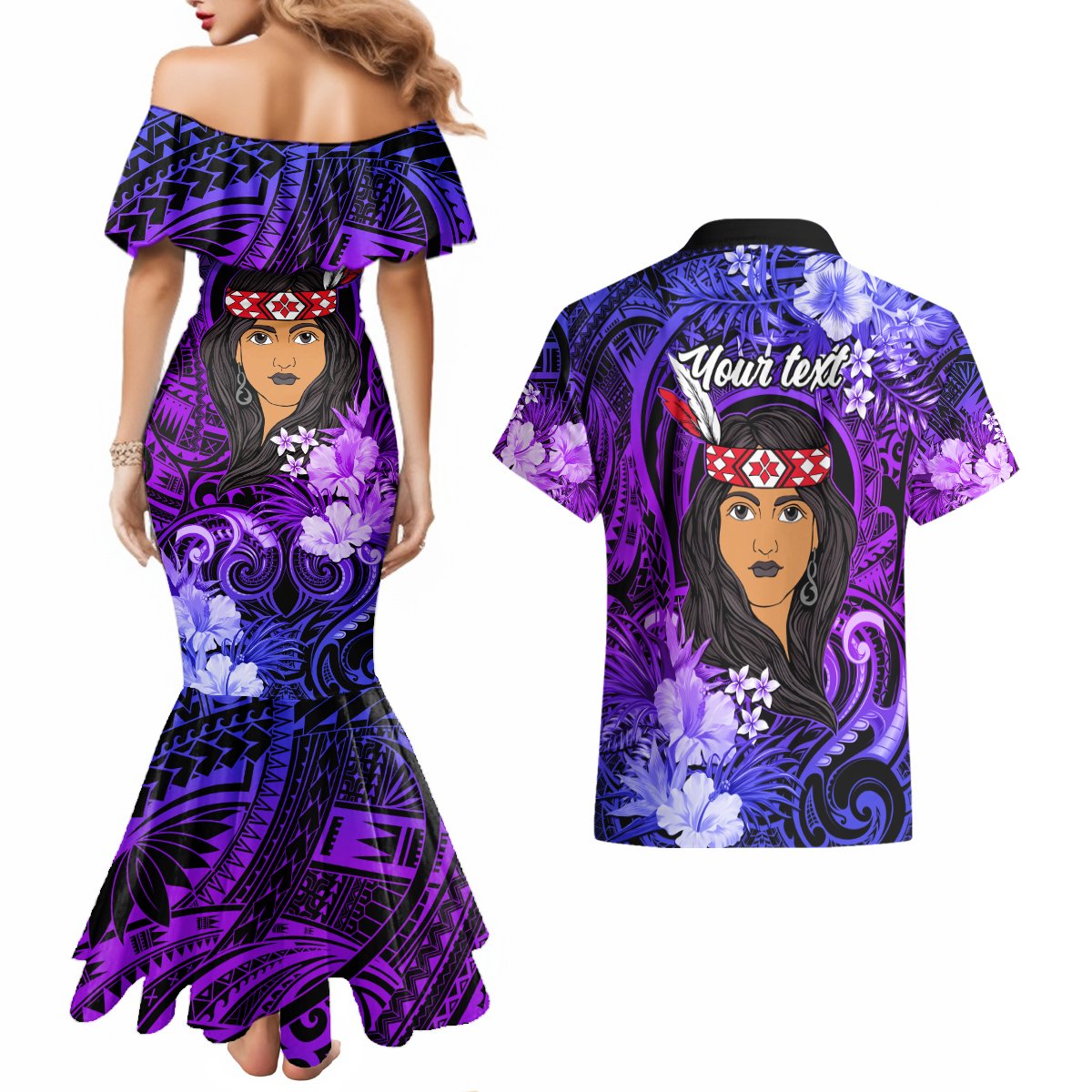 New Zealand Custom Women's Day Couples Matching Mermaid Dress and Hawaiian Shirt Maori Girl Feathers of Hope - Purple LT9 - Polynesian Pride