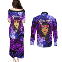 New Zealand Custom Women's Day Couples Matching Puletasi and Long Sleeve Button Shirt Maori Girl Feathers of Hope - Purple LT9 - Polynesian Pride