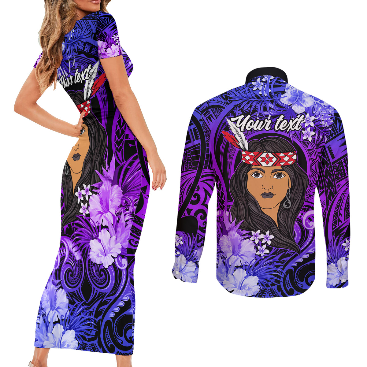 New Zealand Custom Women's Day Couples Matching Short Sleeve Bodycon Dress and Long Sleeve Button Shirt Maori Girl Feathers of Hope - Purple LT9 - Polynesian Pride
