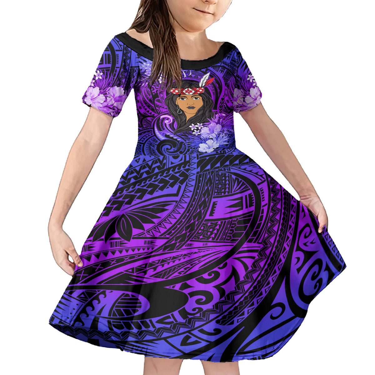 New Zealand Custom Women's Day Family Matching Off Shoulder Short Dress and Hawaiian Shirt Maori Girl Feathers of Hope - Purple LT9 Daughter's Dress Purple - Polynesian Pride