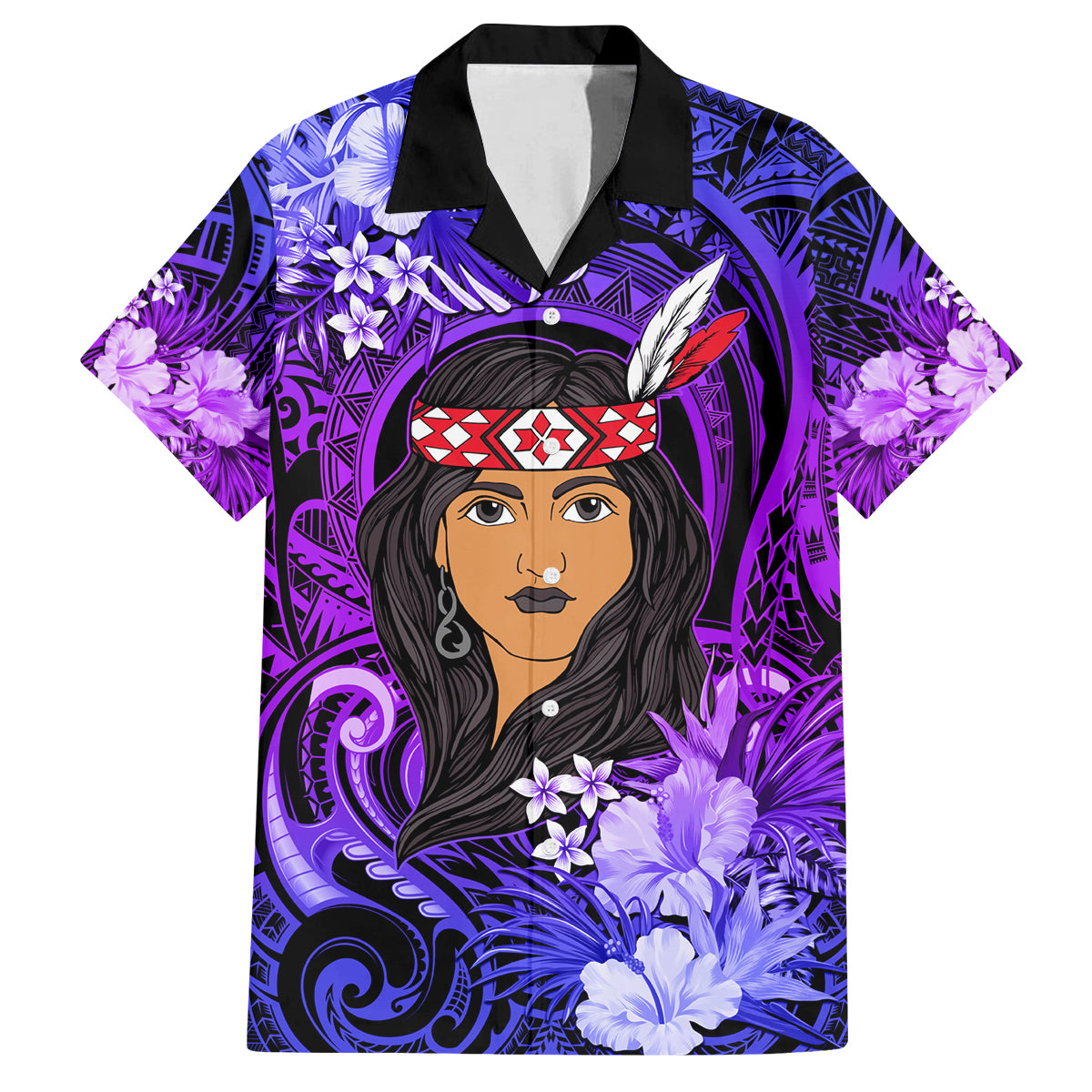 New Zealand Custom Women's Day Family Matching Off Shoulder Short Dress and Hawaiian Shirt Maori Girl Feathers of Hope - Purple LT9 Dad's Shirt - Short Sleeve Purple - Polynesian Pride