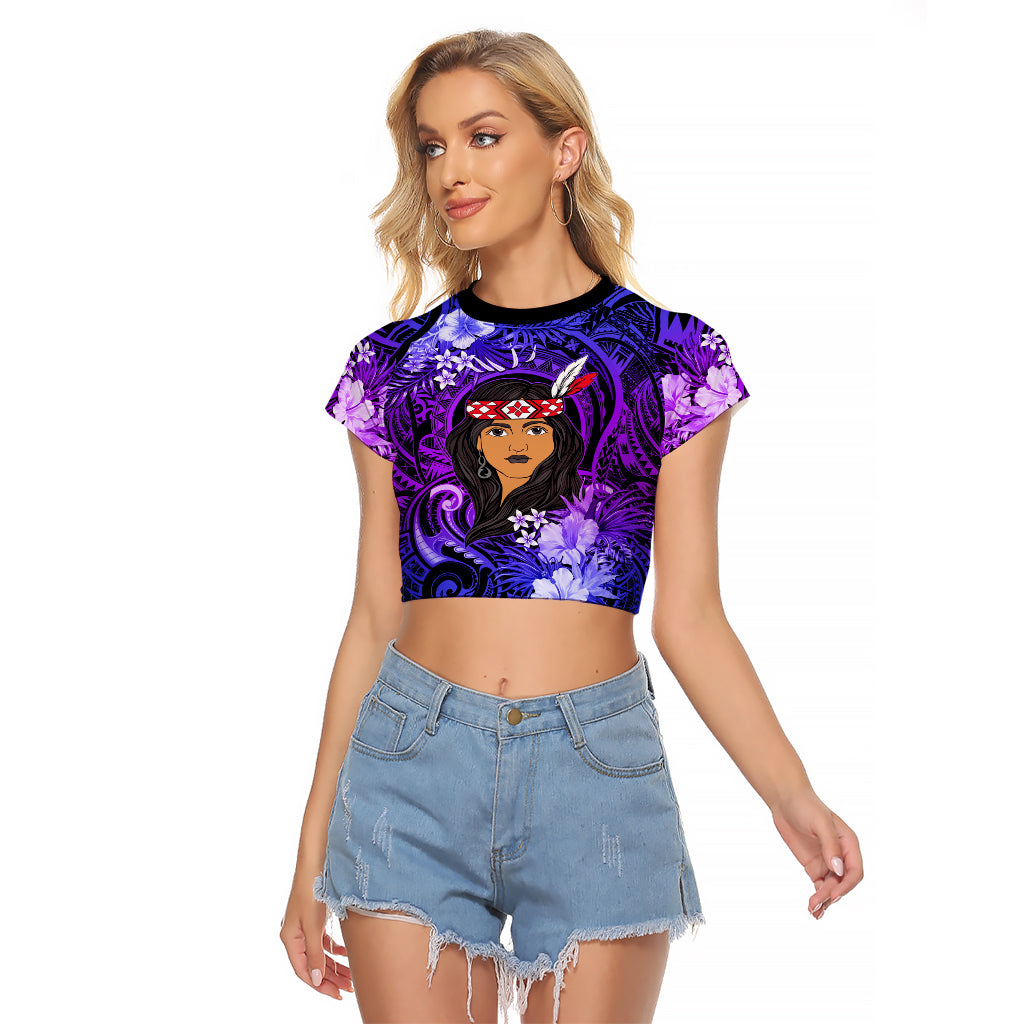 New Zealand Custom Women's Day Raglan Cropped T Shirt Maori Girl Feathers of Hope - Purple LT9 Female Purple - Polynesian Pride