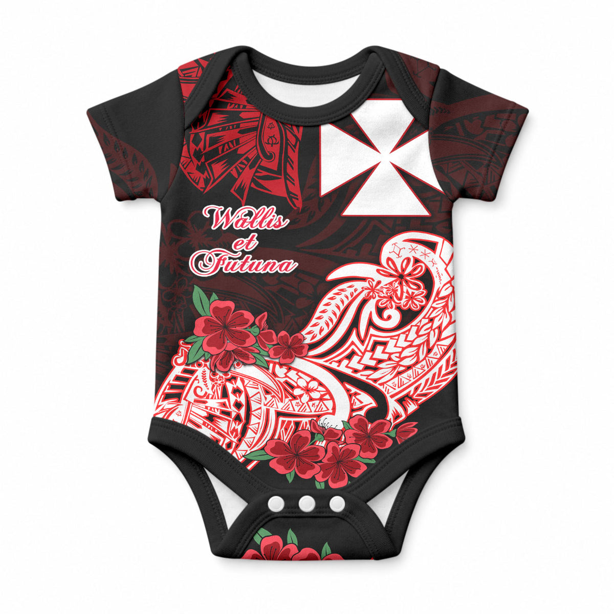Wallis et Futuna Baby Onesie Polynesian Floral Tribal LT9 Black - Polynesian Pride