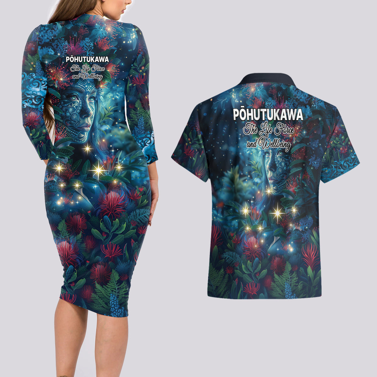 New Zealand Matariki Pohutukawa Couples Matching Long Sleeve Bodycon Dress and Hawaiian Shirt Te Mauri te Ora LT9 - Polynesian Pride