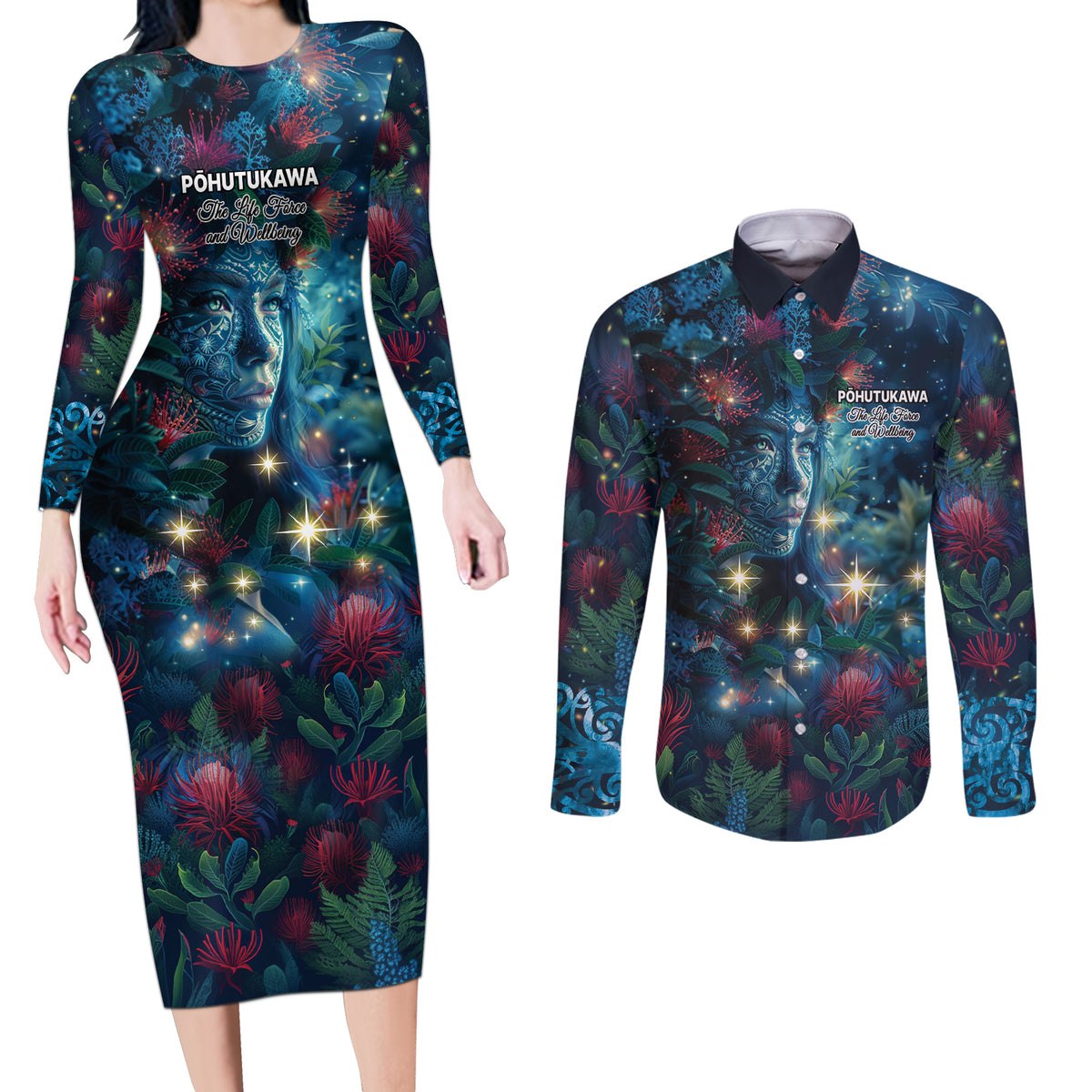 New Zealand Matariki Pohutukawa Couples Matching Long Sleeve Bodycon Dress and Long Sleeve Button Shirt Te Mauri te Ora LT9 Art - Polynesian Pride