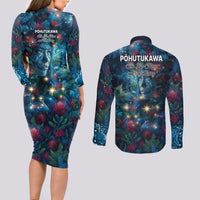 New Zealand Matariki Pohutukawa Couples Matching Long Sleeve Bodycon Dress and Long Sleeve Button Shirt Te Mauri te Ora LT9 - Polynesian Pride