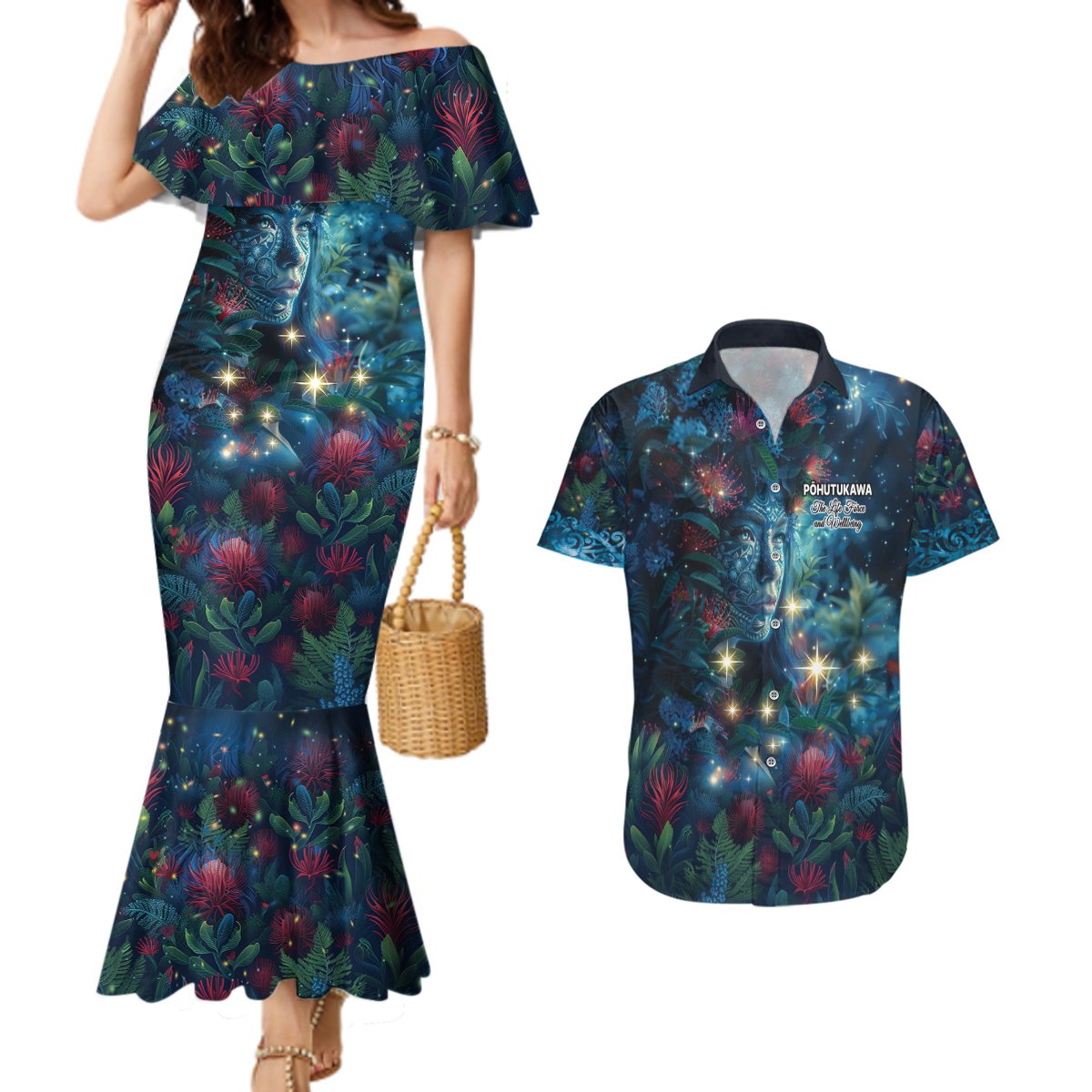 New Zealand Matariki Pohutukawa Couples Matching Mermaid Dress and Hawaiian Shirt Te Mauri te Ora LT9 Art - Polynesian Pride