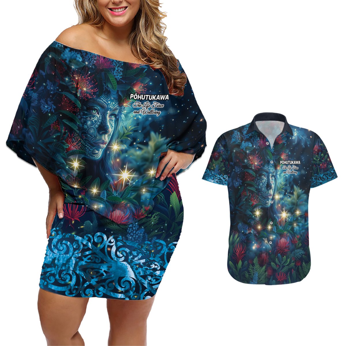 New Zealand Matariki Pohutukawa Couples Matching Off Shoulder Short Dress and Hawaiian Shirt Te Mauri te Ora LT9 Art - Polynesian Pride