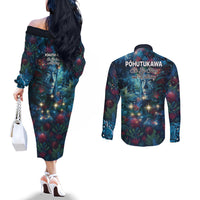 New Zealand Matariki Pohutukawa Couples Matching Off The Shoulder Long Sleeve Dress and Long Sleeve Button Shirt Te Mauri te Ora LT9 - Polynesian Pride