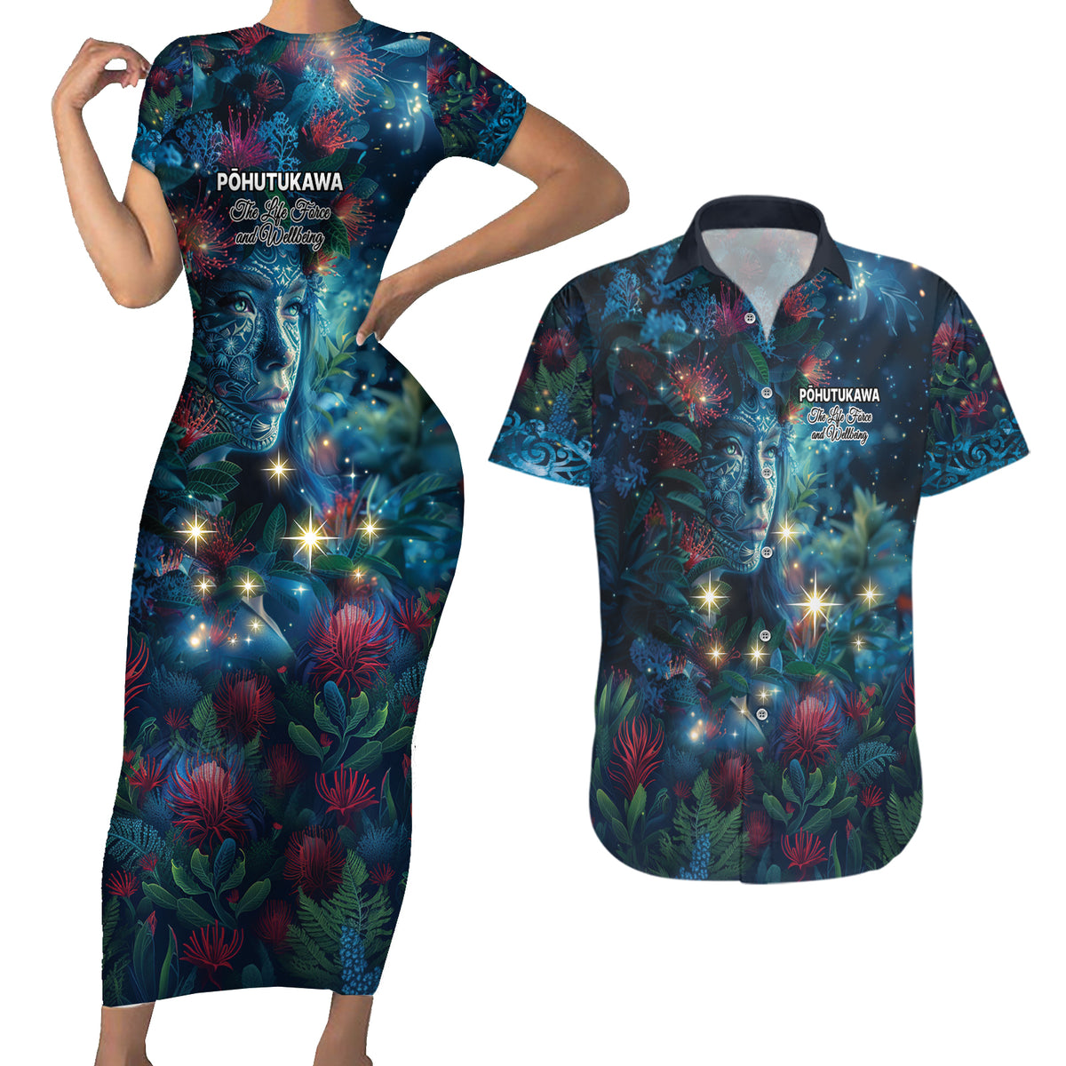 New Zealand Matariki Pohutukawa Couples Matching Short Sleeve Bodycon Dress and Hawaiian Shirt Te Mauri te Ora LT9 Art - Polynesian Pride