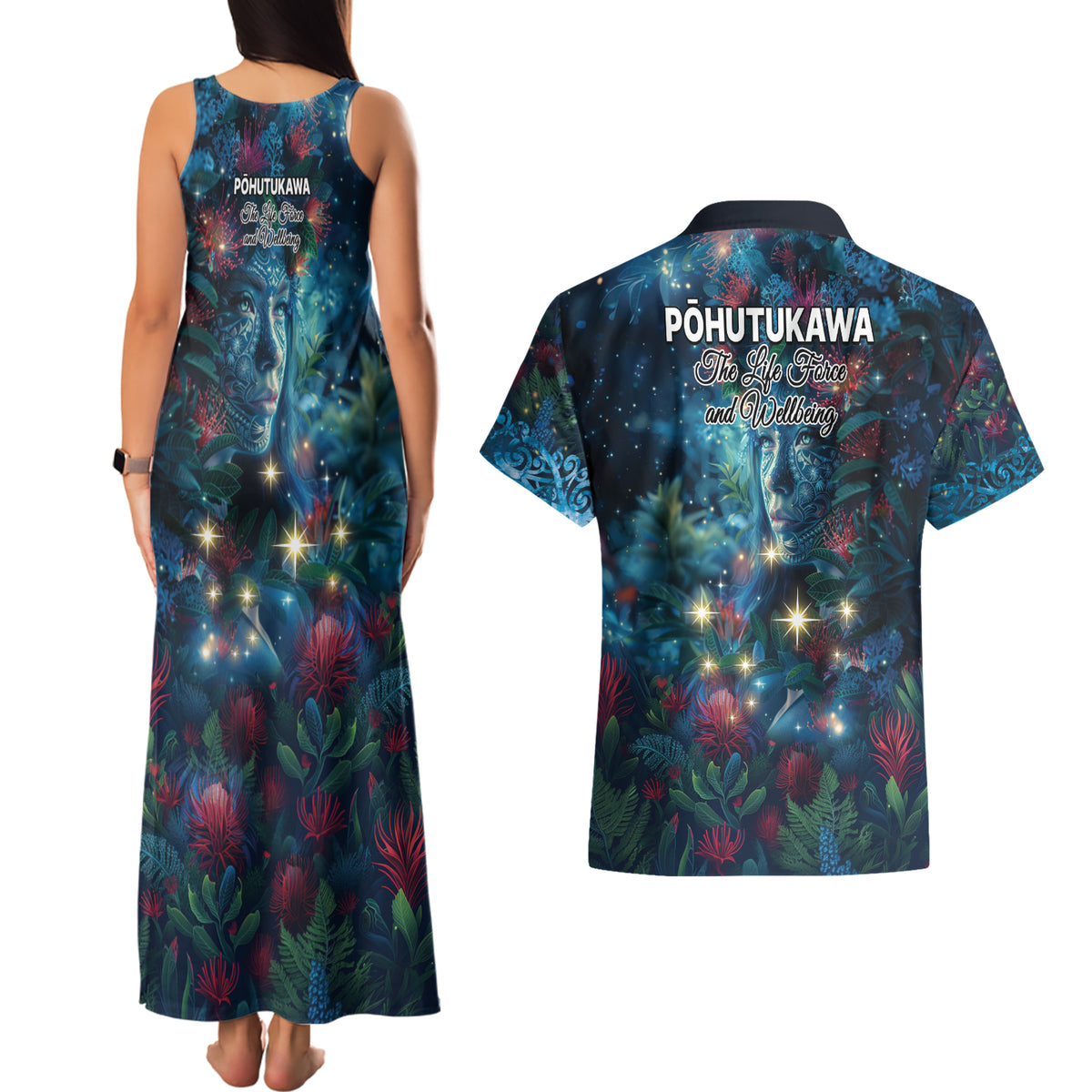 New Zealand Matariki Pohutukawa Couples Matching Tank Maxi Dress and Hawaiian Shirt Te Mauri te Ora LT9 - Polynesian Pride