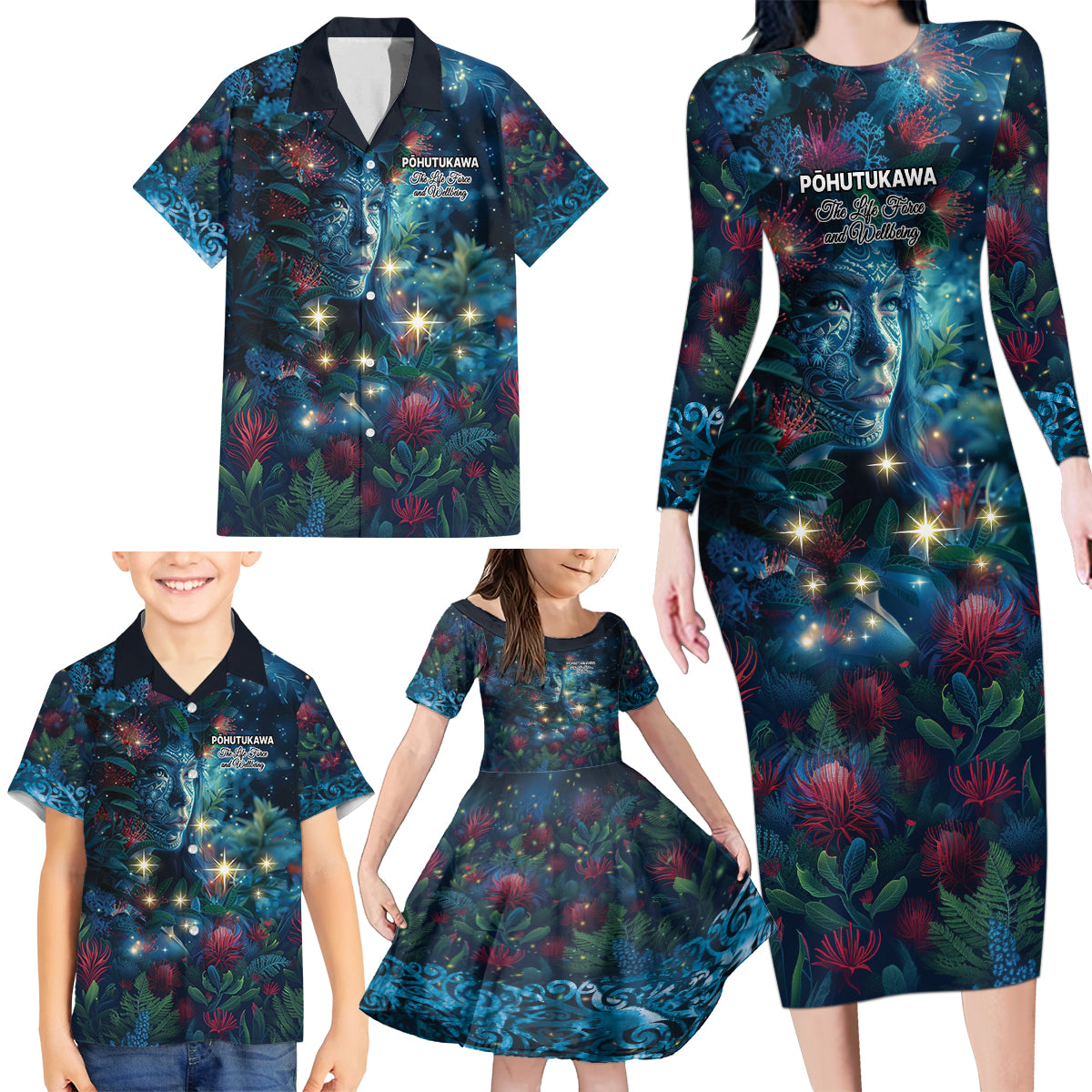 New Zealand Matariki Pohutukawa Family Matching Long Sleeve Bodycon Dress and Hawaiian Shirt Te Mauri te Ora LT9 - Polynesian Pride