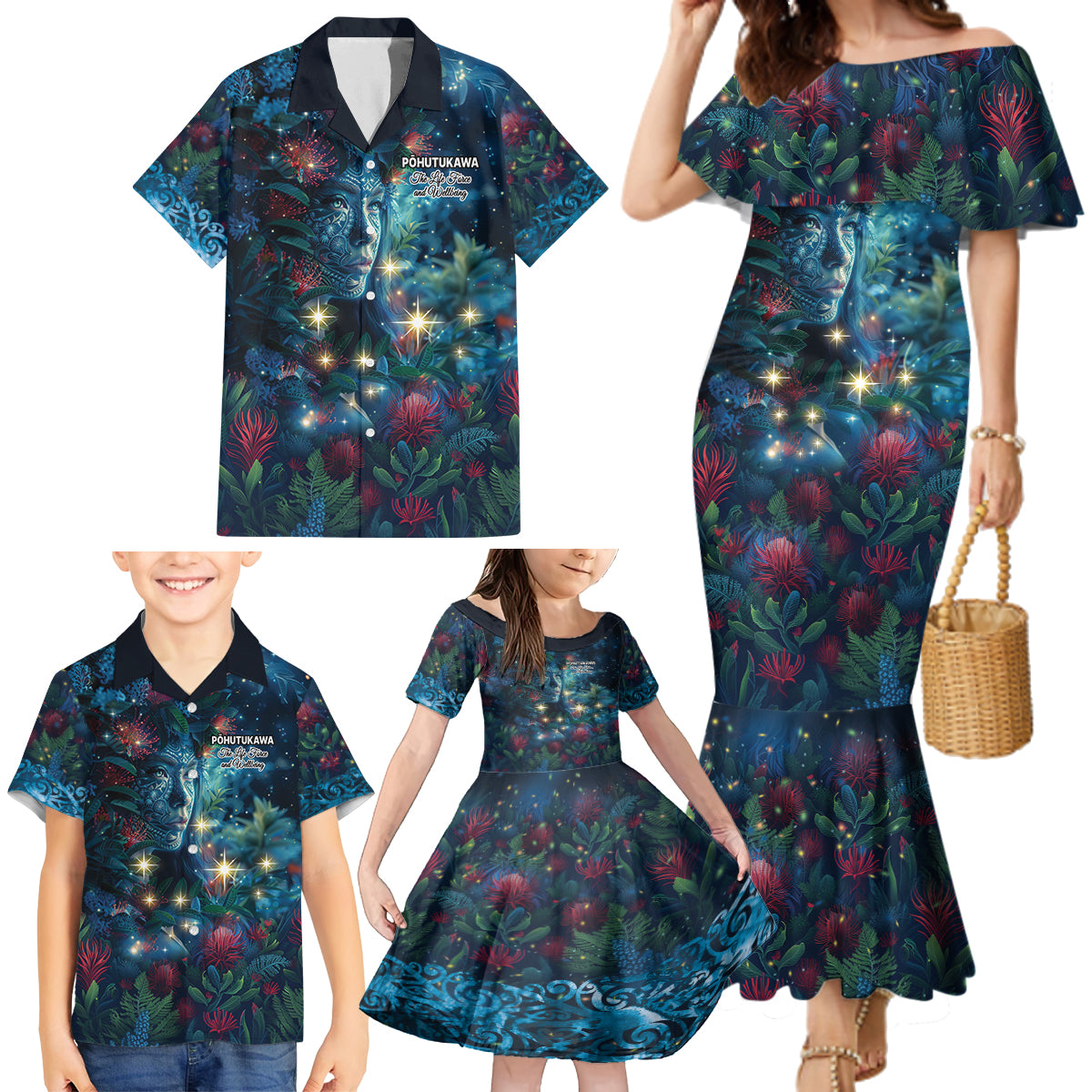 New Zealand Matariki Pohutukawa Family Matching Mermaid Dress and Hawaiian Shirt Te Mauri te Ora LT9 - Polynesian Pride